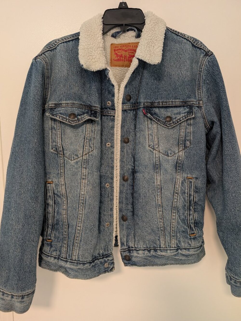 Levi's Sherpa Trucker Jacket Blue Denim Faux Shearling Lined Coat Size Small